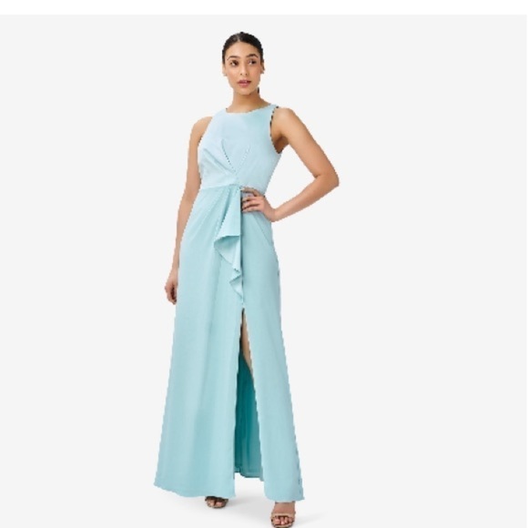 Adrianna Papell Womens Blue Halter Ruffled Formal Evening Dress Gown NWT… - Picture 2 of 14